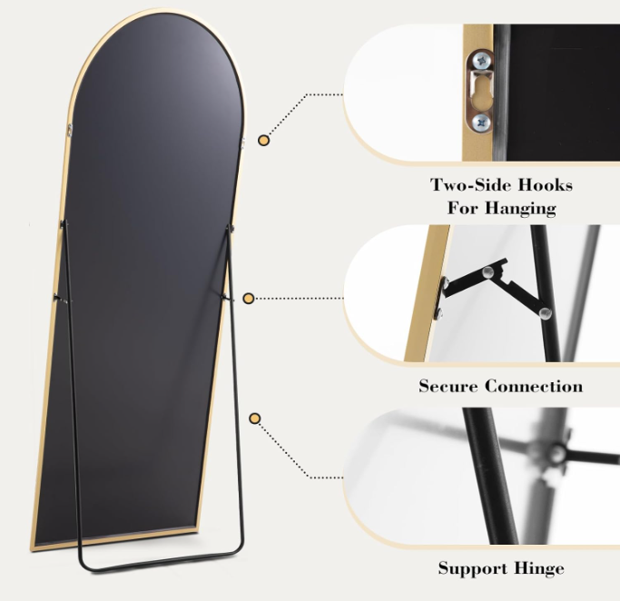 Espejo arqueado de cuerpo entero de 59” x 16” – Espejo de piso con marco de aluminio dorado con soporte, montaje en pared o diseño estilizado