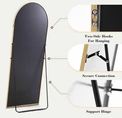 Espejo arqueado de cuerpo entero de 59” x 16” – Espejo de piso con marco de aluminio dorado con soporte, montaje en pared o diseño estilizado