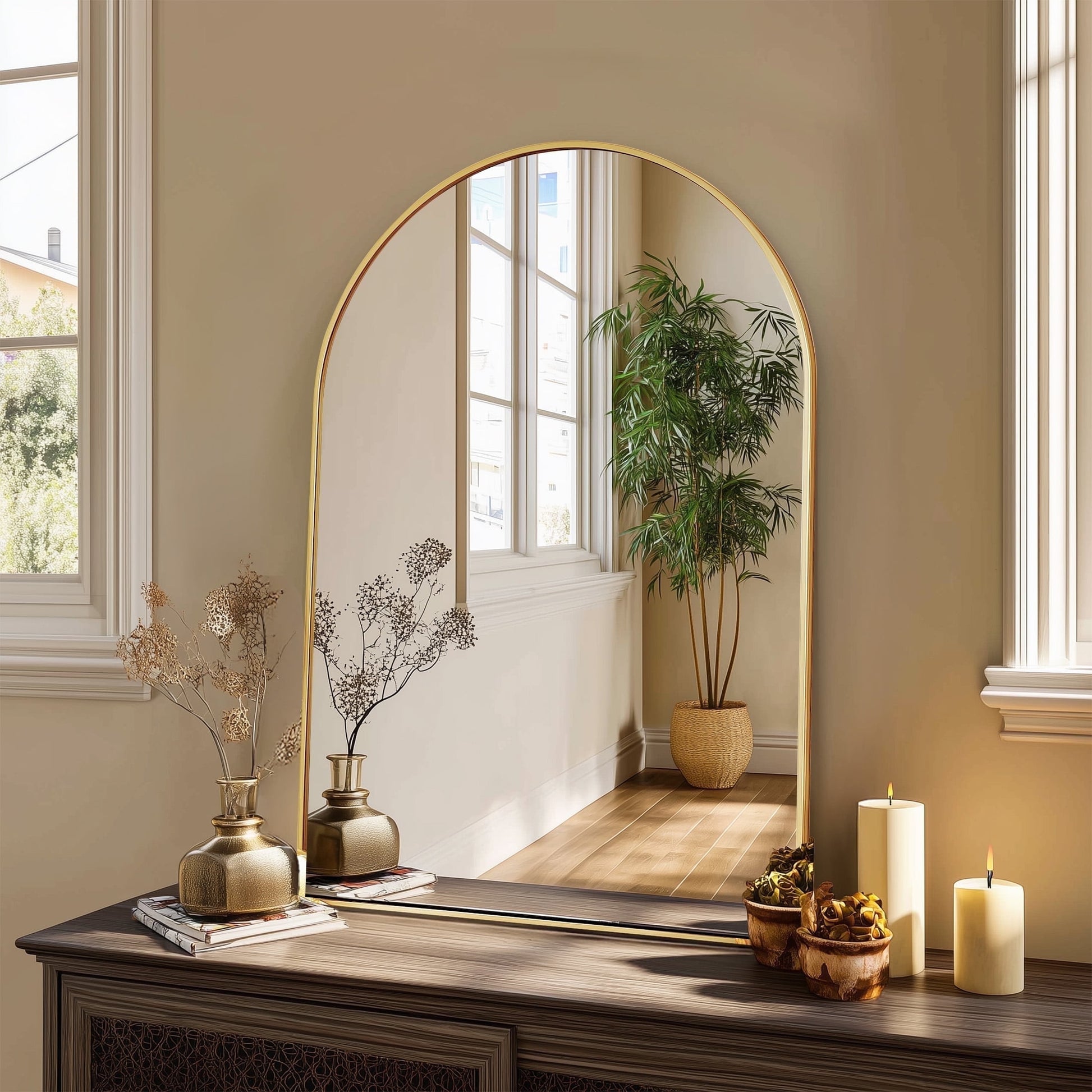 Elevate Your Space with the 20" x 30" Arched Shatterproof Bathroom Mirror - Stylish Gold Design for Modern Vanity Decor